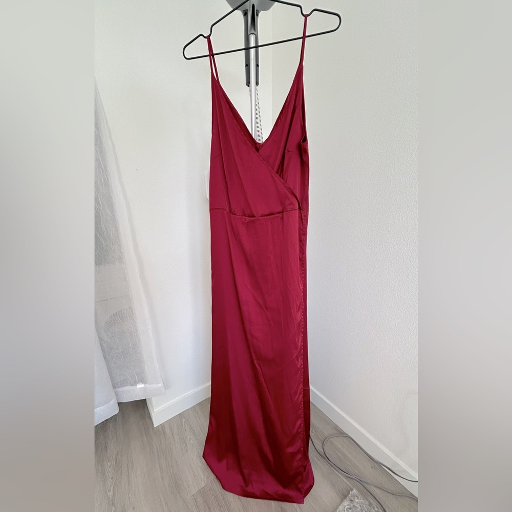 Red Surplice Spaghetti Strap Plunging V-Neckline Satin Formal Long Split Dress